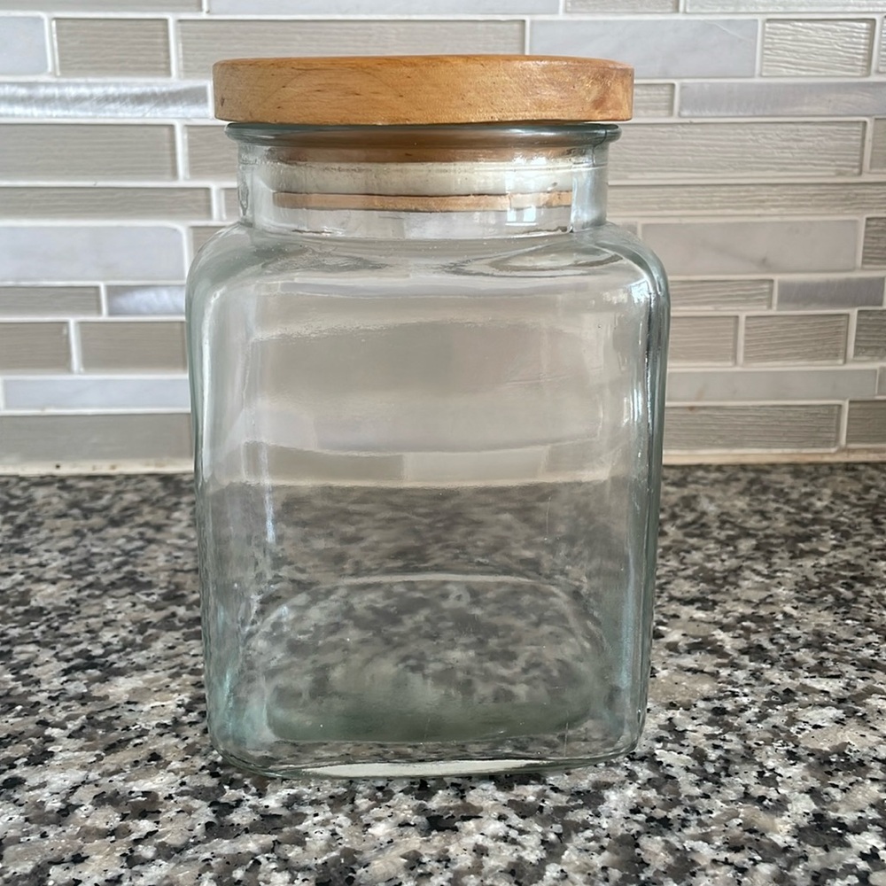 Rustic Charm Glass Storage Jar - Wooden Lid, 7” Square